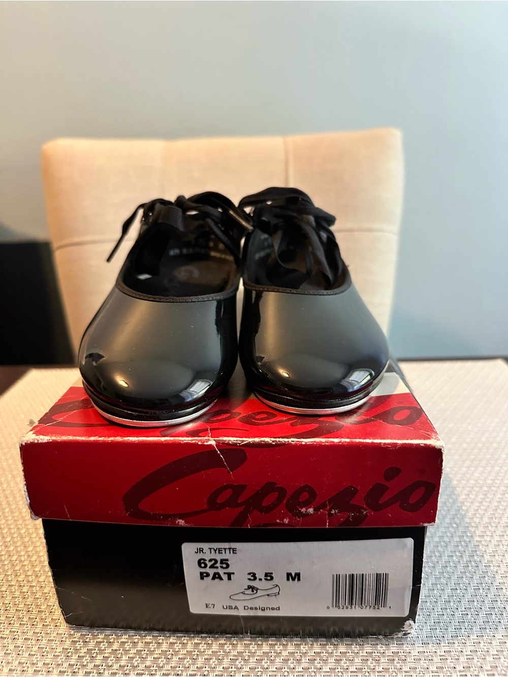 Capezio Black Patent Jr. Tyette Ribbon-Tie Tap Shoes